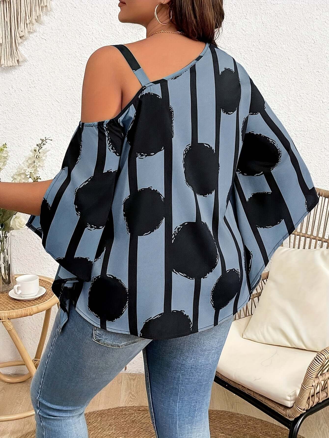 Women's Plus Size Printed Fashion Off-the-Shoulder Charming Chain Three-quarter Sleeve Blouse - Casual Top eprolo