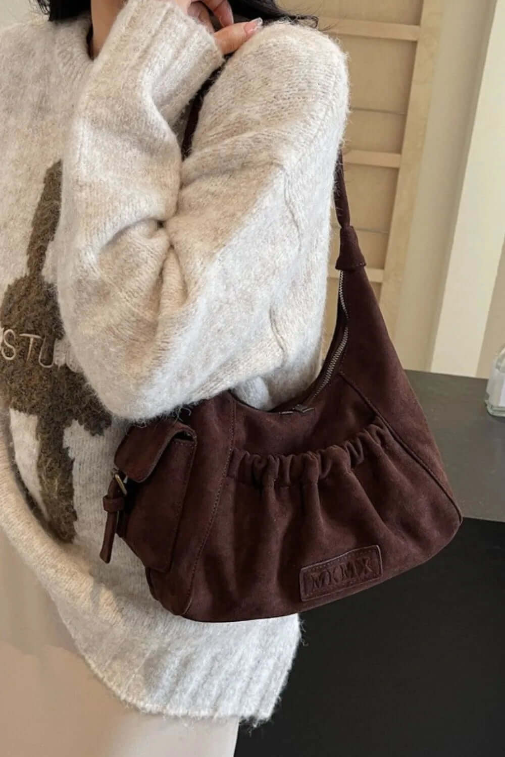 Ruched Suede Handbag with Zipper eprolo