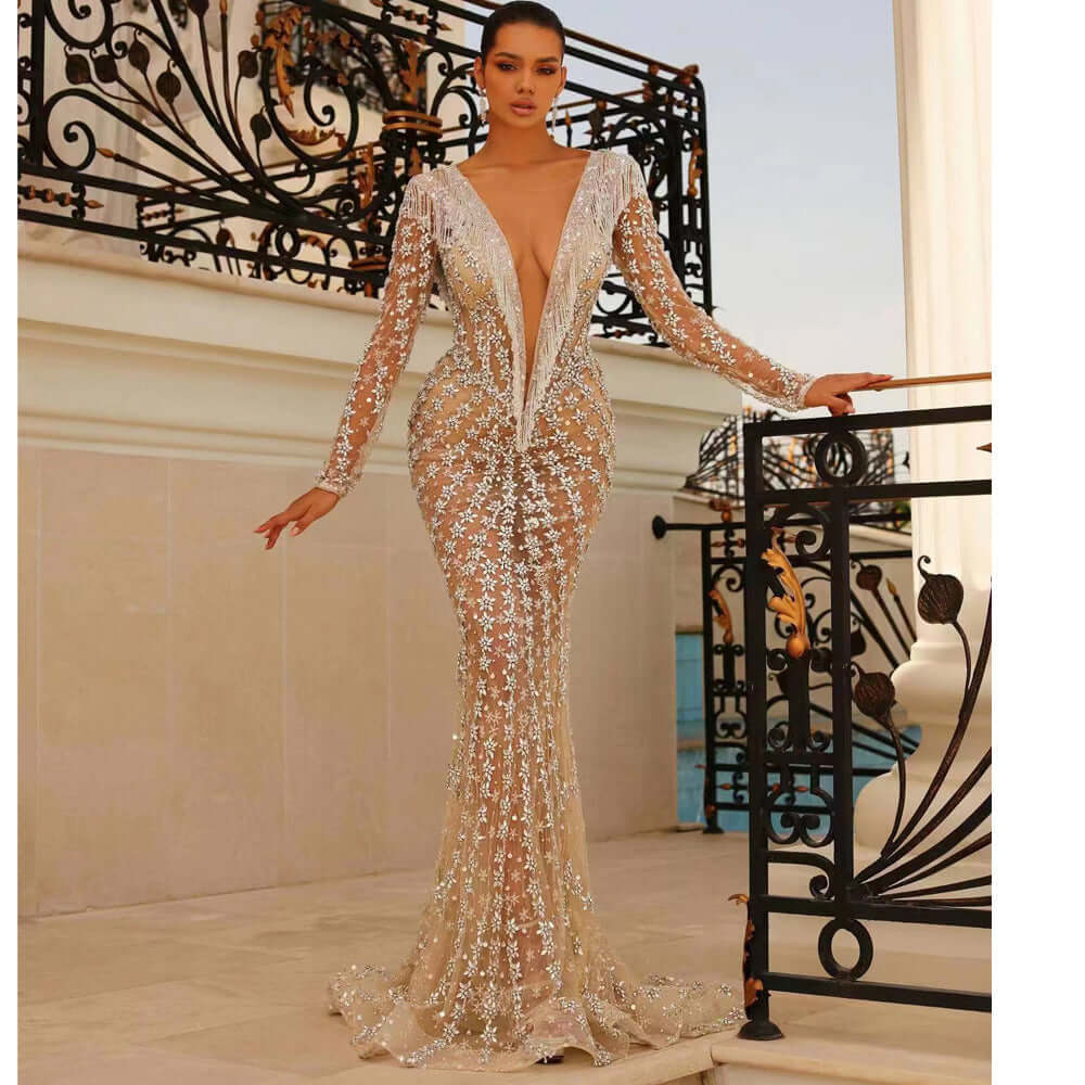 Curve-hugging evening gown with mermaid hem and open back
