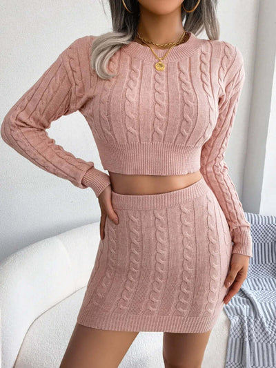 Cable-Knit Round Neck Top and Skirt Sweater Set eprolo