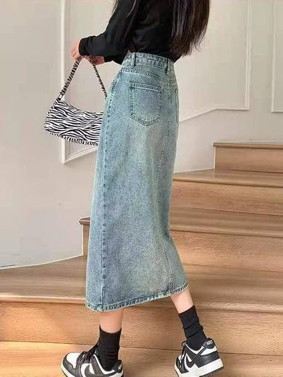 High Waist Slit Denim Skirt For Women A-line Slimming Hip-covering Design Mid-length Skirt eprolo