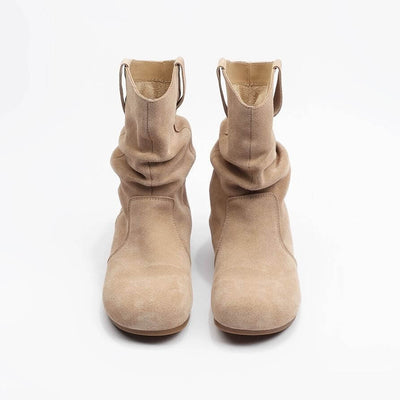 Western denim Martin boots for women in khaki color with low heel and soft texture.