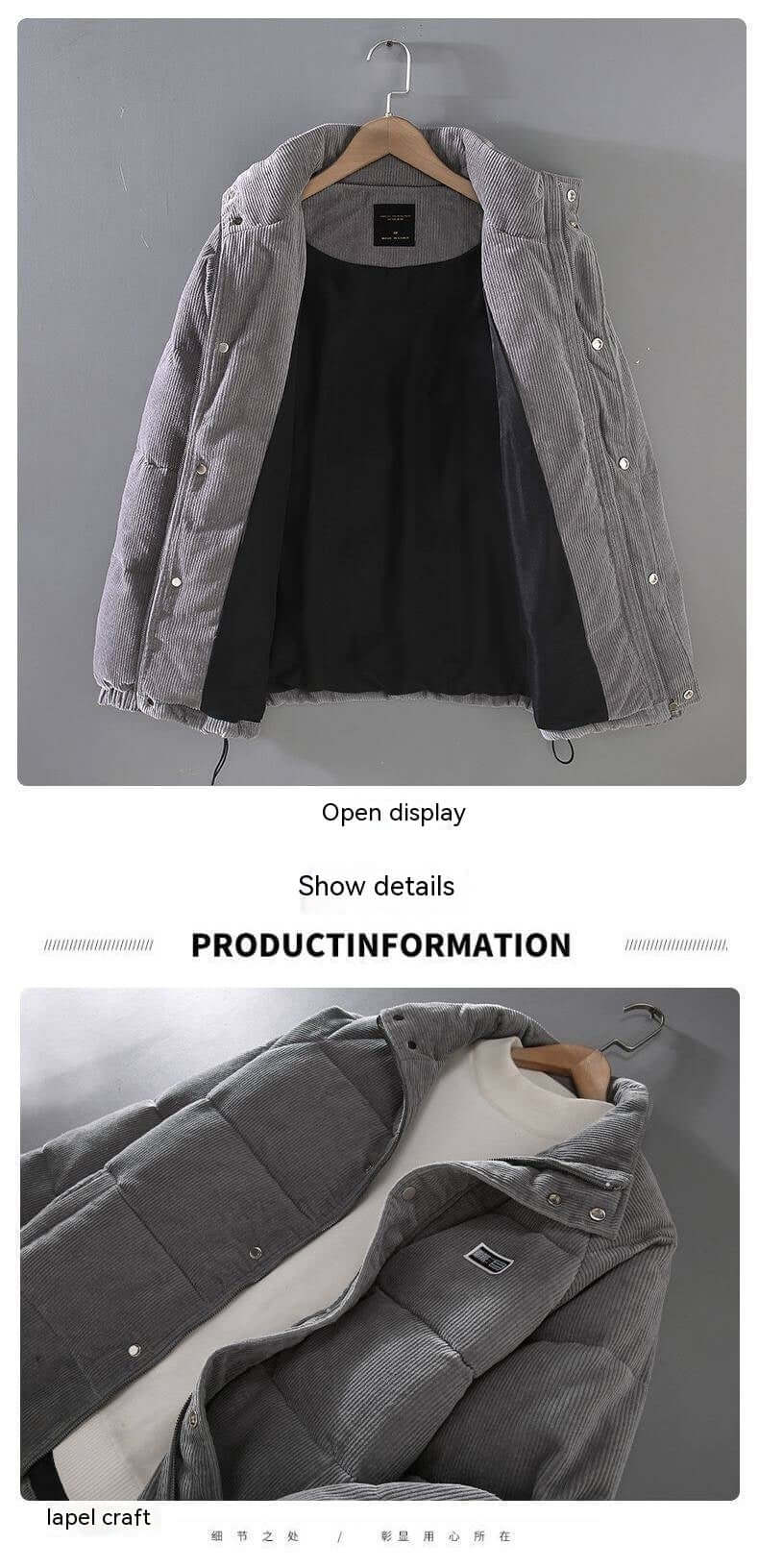Gray puffer jacket coat for men with open display and lapel craft detail, showcasing interior lining.