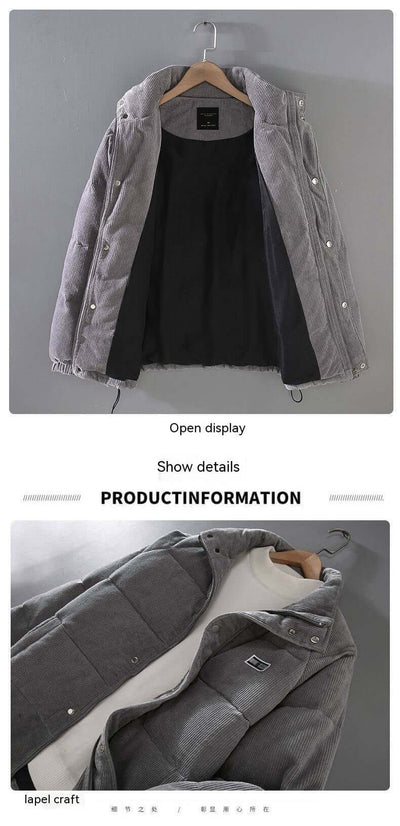 Gray puffer jacket coat for men with open display and lapel craft detail, showcasing interior lining.
