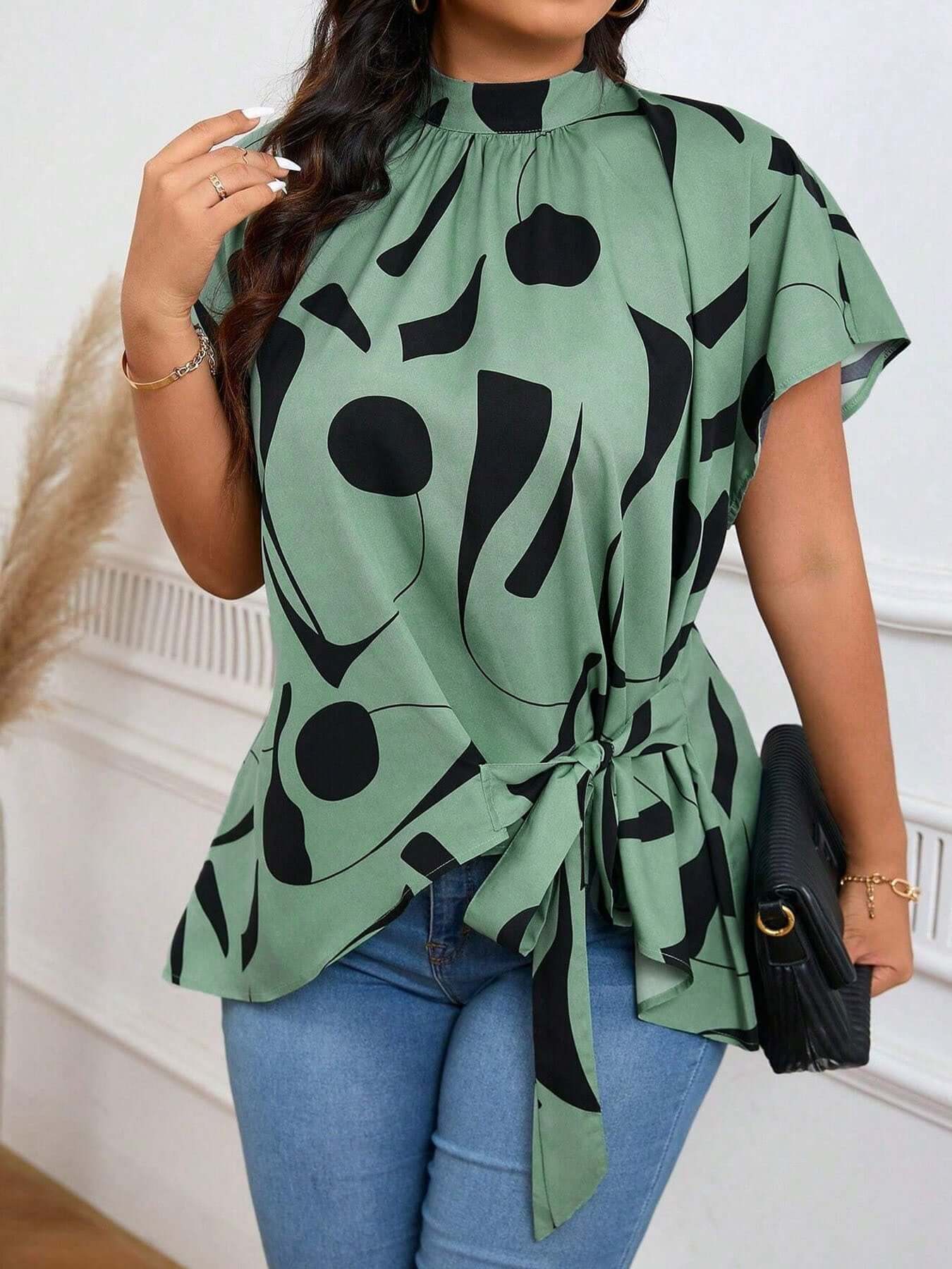 Plus-size Irregular Print Blouse For Women - Elegant Short-sleeve Work Top For Summer eprolo