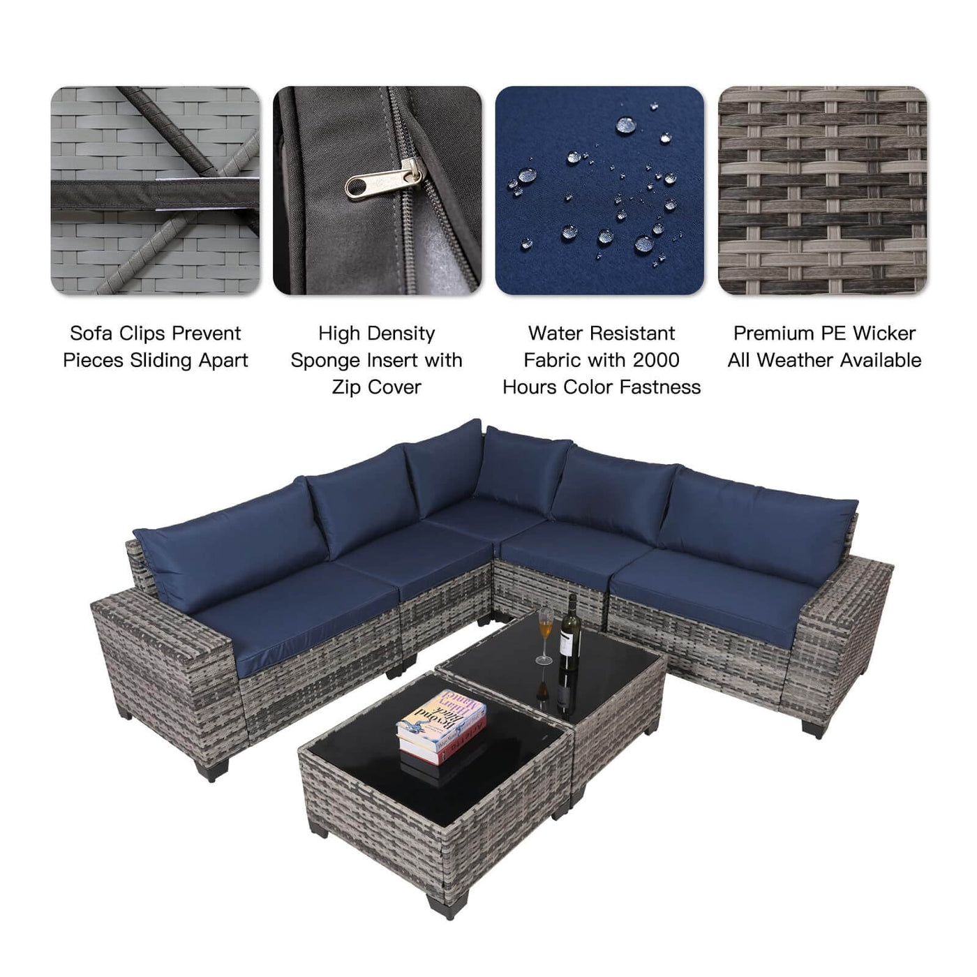 7-Piece Outdoor Patio Furniture Sets, All-Weather Wicker Rattan Sectional Sofa, Modern Two Glass Coffee Table And Washable Seat Cushion eprolo