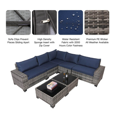 7-Piece Outdoor Patio Furniture Sets, All-Weather Wicker Rattan Sectional Sofa, Modern Two Glass Coffee Table And Washable Seat Cushion eprolo