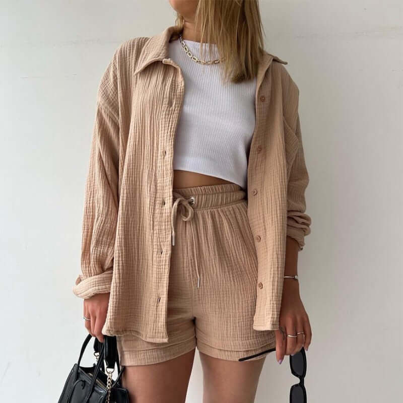 Spring Champray Lapel Long Sleeve Shirt High Waist Drawstring Shorts Plus Size Fashion Casual Set eprolo