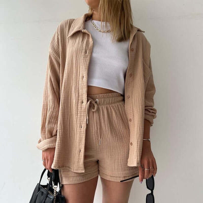 Spring Champray Lapel Long Sleeve Shirt High Waist Drawstring Shorts Plus Size Fashion Casual Set eprolo