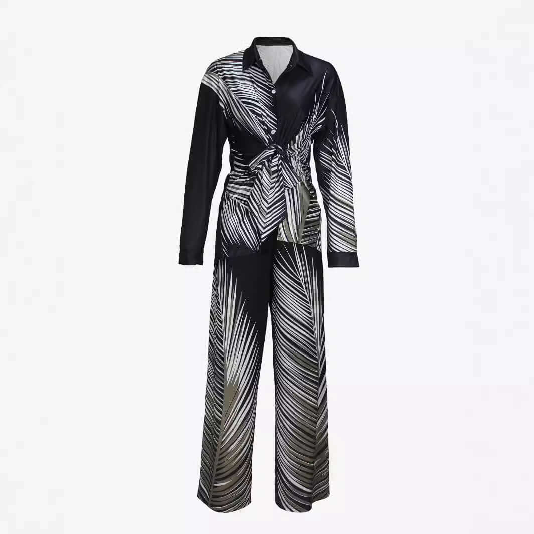 Women's Fashion Printed Long-sleeved Trousers Casual Shirt Two-piece Set eprolo