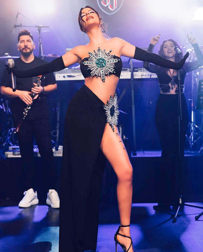 Shiny Rhinestone Tube Top High Slit Skirt Bandage Suit Dropshipman