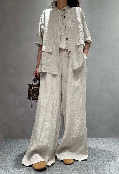 Solid Color Linen Suit Half Sleeve Shirt Casual Pants eprolo