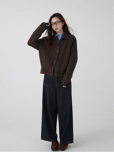 Color Blocking Collar Single Breasted Wool Knitted Cardigan Jacket eprolo