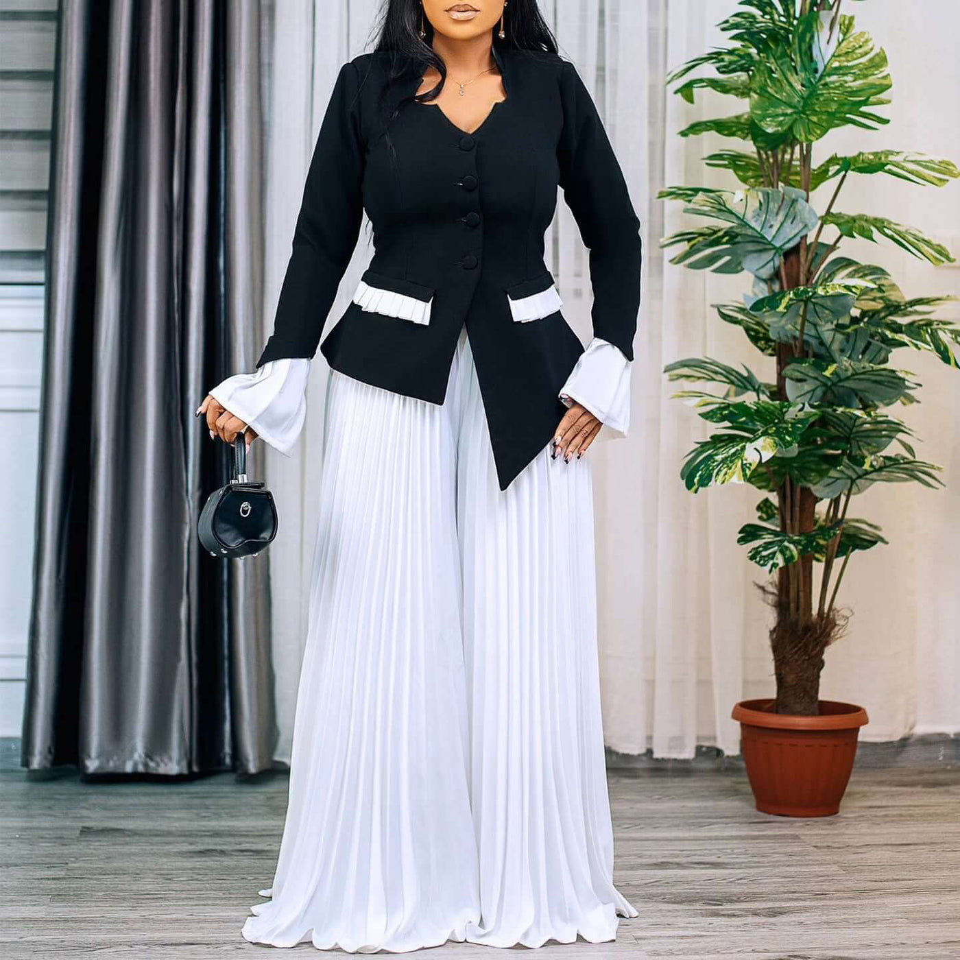 Fashion Flared Sleeves Top Pleated Wide-leg Pants Suit Two-piece Set Dropshipman