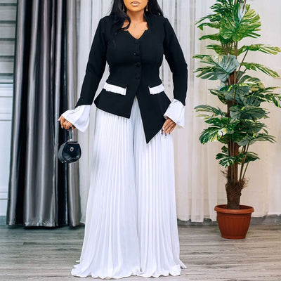 Fashion Flared Sleeves Top Pleated Wide-leg Pants Suit Two-piece Set Dropshipman
