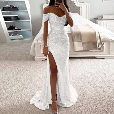 Female Creative Solid Color Sparkling Slit Dress Dropshipman