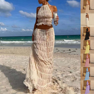 2pcs Women's Dress Suit Sexy Sleeveless Backless Cropped Halter Top And Pleated Long Skirt Beach Clothing eprolo