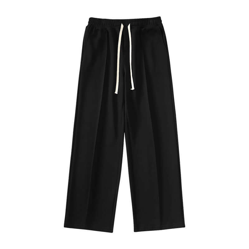 Wide-leg straight pants in black with elastic waistband and drawstring, made from polyester fiber for a comfortable fit.