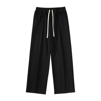 Wide-leg straight pants in black with elastic waistband and drawstring, made from polyester fiber for a comfortable fit.