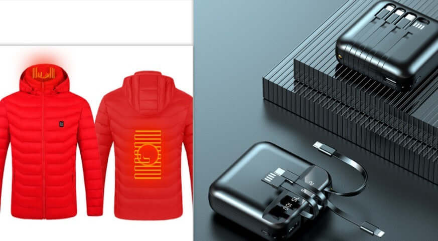 Red heated jacket with USB control next to a portable power bank for on-the-go warmth in winter.