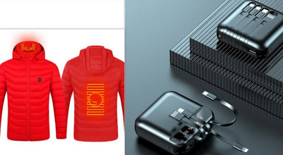 Red heated jacket with USB control next to a portable power bank for on-the-go warmth in winter.