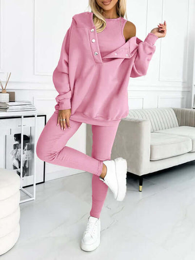 3pcs Women's Sports Suit Loose Hooded Pockets Sweatshirt And Vest And Slim Trousers eprolo