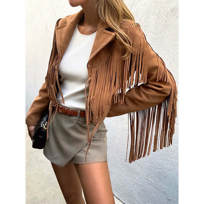 Genuine leather sheepskin suede motorcycle short jacket with tassels in yellow brown color.