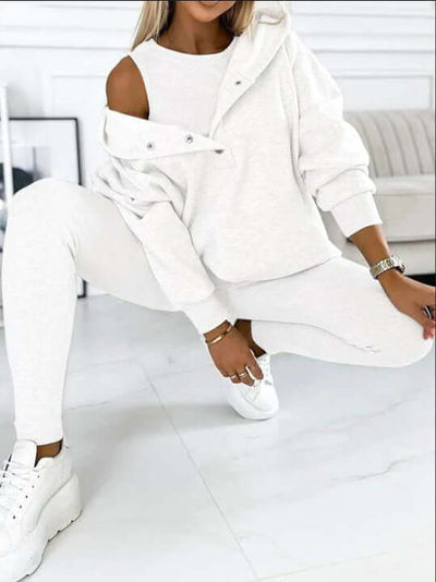 3pcs Women's Sports Suit Loose Hooded Pockets Sweatshirt And Vest And Slim Trousers eprolo