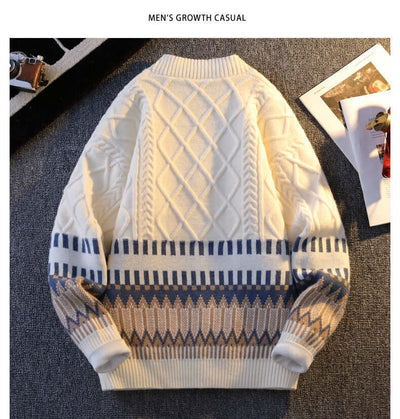 Loose fit men's knitwear with diamond and geometric patterns in cream, navy, and beige tones.