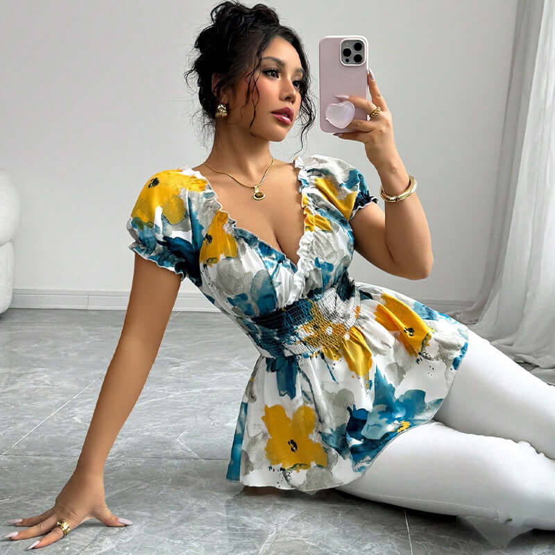 Vacation deep V-neck tie-dye slim fit shirt with floral pattern in vibrant multicolor for ladies.