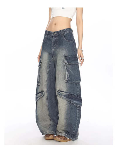 Washed Multi-pocket Denim Matchet Pants Dropshipman