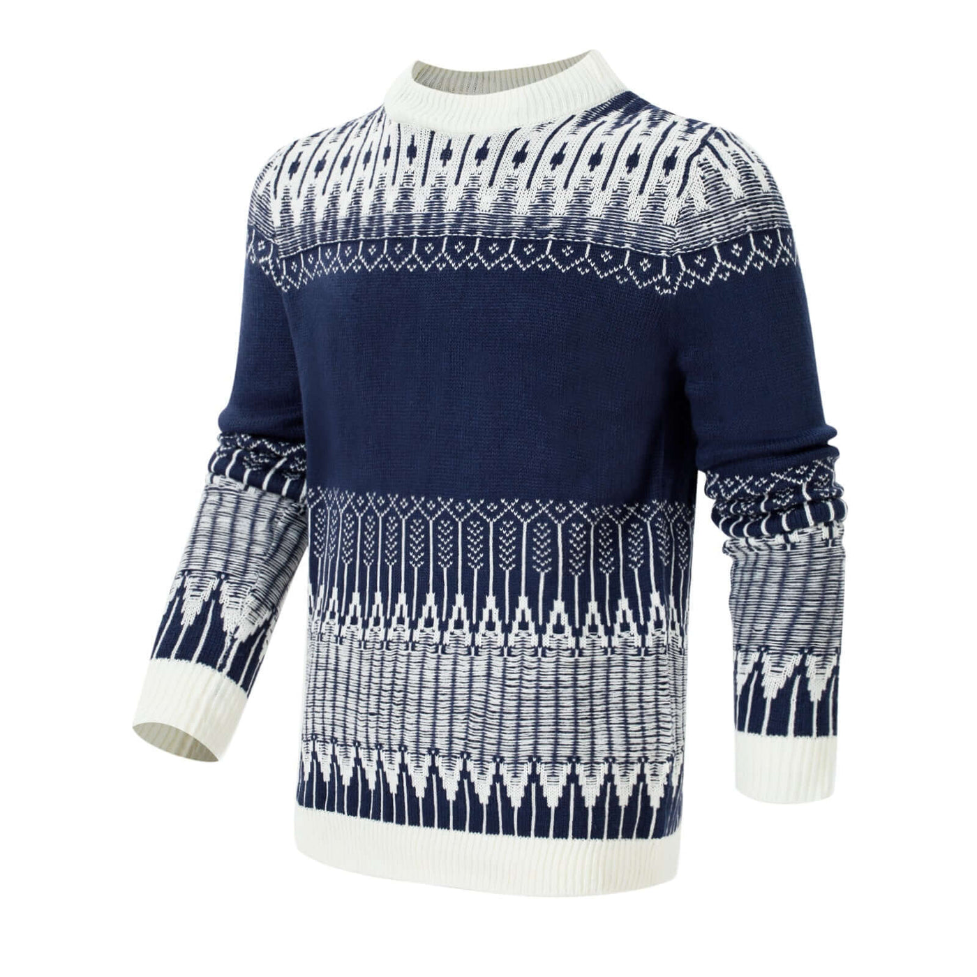 Men's knitted sweater in navy blue with white patterned design for fall and winter fashion, available in multiple sizes.