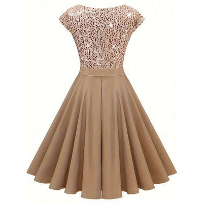 Women's Elegant Sequin V Neck Cap Sleeves Pleated Evening Cocktail and wedding Dress Astrazona