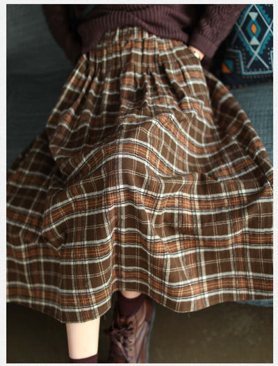 Ancient Coffee Clothing Artistic Brushed Plaid Skirt Retro Loose A- Line eprolo