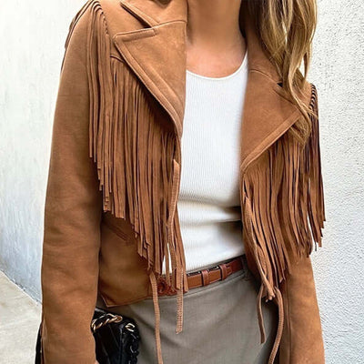 Genuine leather sheepskin suede lapel tassel motorcycle short jacket in brown, featuring trendy fringe details.