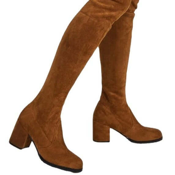 Mid-high tube chunky heel brown suede high heel fashion boots with a round toe and rubber sole.