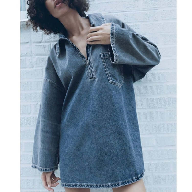 Lapel Patch Pocket Bell Sleeve Denim Dress eprolo