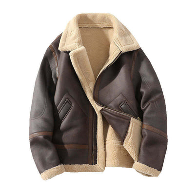 Brown men's polo collar jacket, fleece-lined, thickened, casual plus size winter outerwear.