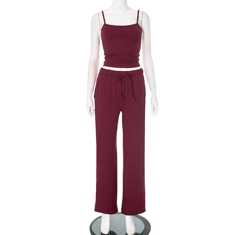 Sleeveless backless sexy suspender trousers suit in wine red, featuring a solid color with a casual-fit trendy style.