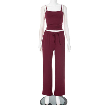 Sleeveless backless sexy suspender trousers suit in wine red, featuring a solid color with a casual-fit trendy style.