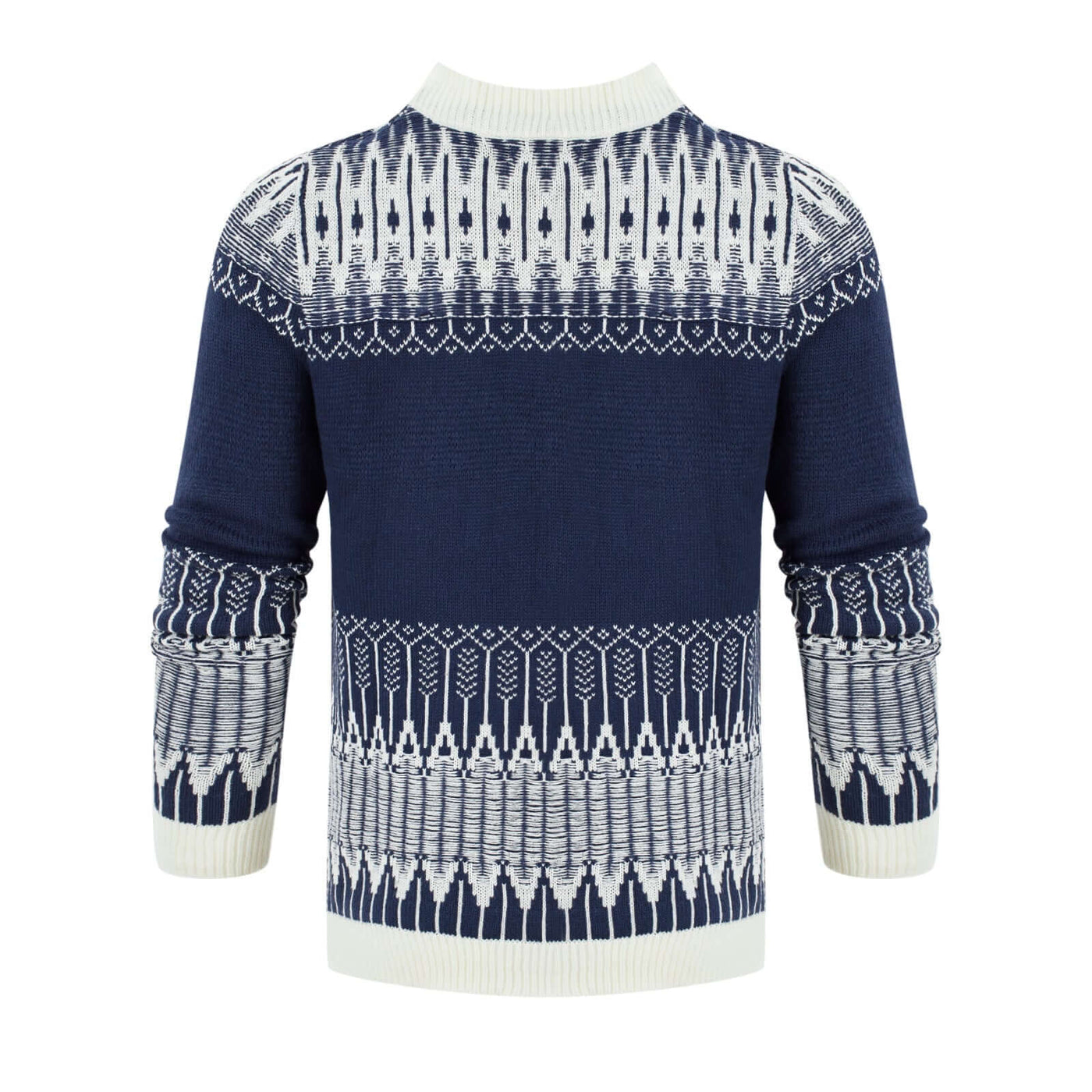 Men's knitted sweater in navy blue with white intricate patterns, perfect for fall and winter seasons.