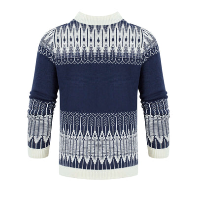 Men's knitted sweater in navy blue with white intricate patterns, perfect for fall and winter seasons.
