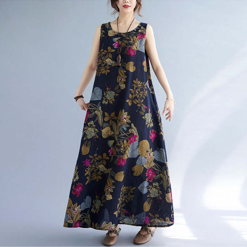 Printed Cotton Linen Round Neck Sleeveless Dress Women's eprolo