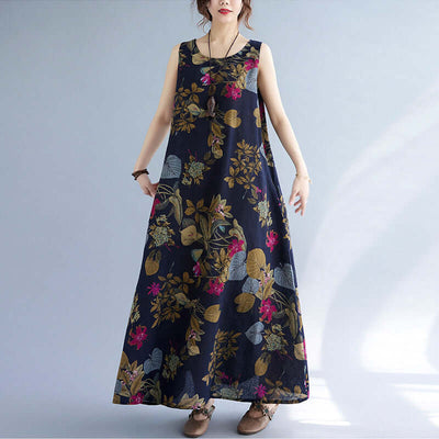 Printed Cotton Linen Round Neck Sleeveless Dress Women's eprolo