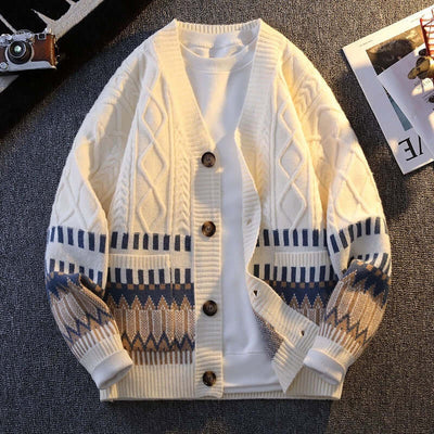 Knitwear all-match loose contrast color warm coat in white and navy blue, long sleeve cardigan style.