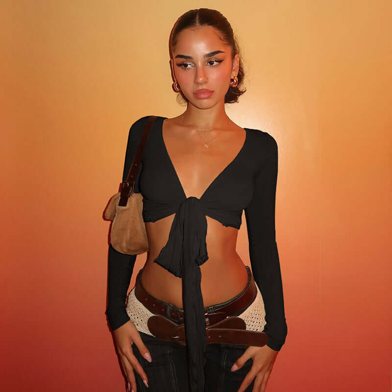 Pure Desire Strap Long-sleeved T-shirt Sexy Deep V-neck Short Blouse eprolo