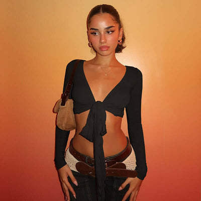 Pure Desire Strap Long-sleeved T-shirt Sexy Deep V-neck Short Blouse eprolo