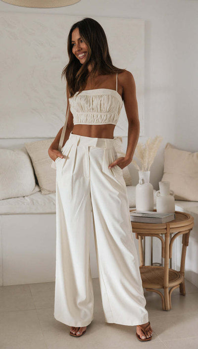 Women's Solid Color Sleeveless Suspender Short Top And Pants Set eprolo