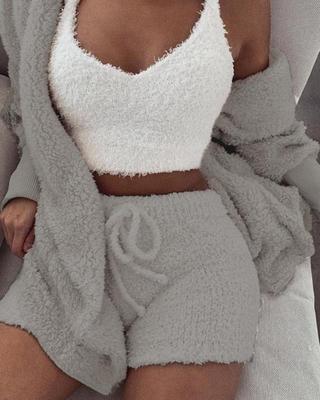 3pcs Womens Clothing Long Sleeve Crop Tank Top And Drawstring Shorts Pajama Set eprolo