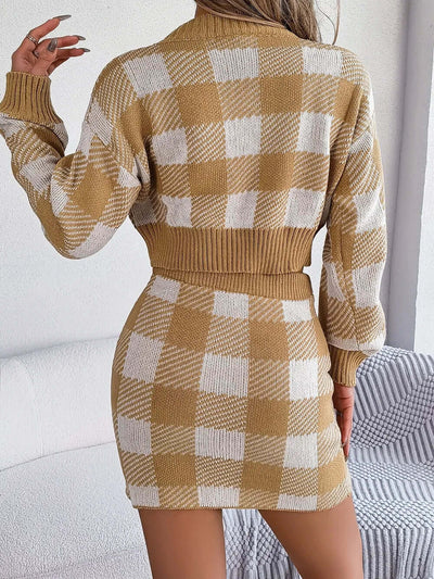 Plaid Round Neck Top and Skirt Sweater Set eprolo